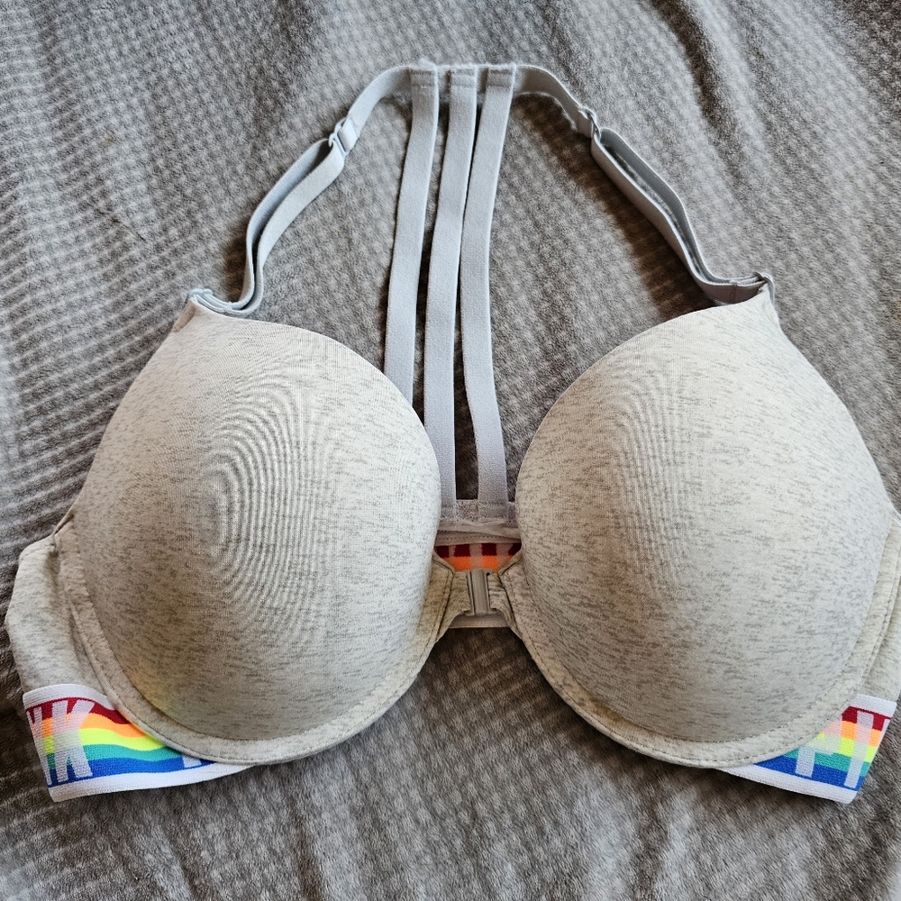 Victoria's Secret PINK front closure gray rainbow band push-up bra